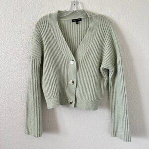 Kendall & Kylie Green Flare Sleeve V-Neck Ribbed Cardigan With Buttons Womens S